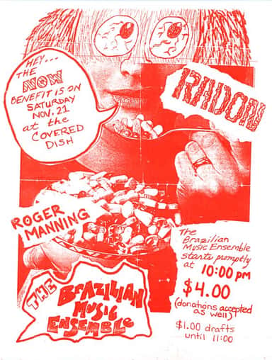 Roger Manning, The Brazilian Drum Ensemble, Radon, and others at Covered Dish in Gainesville, FL — November 21, 1992 concert flyer